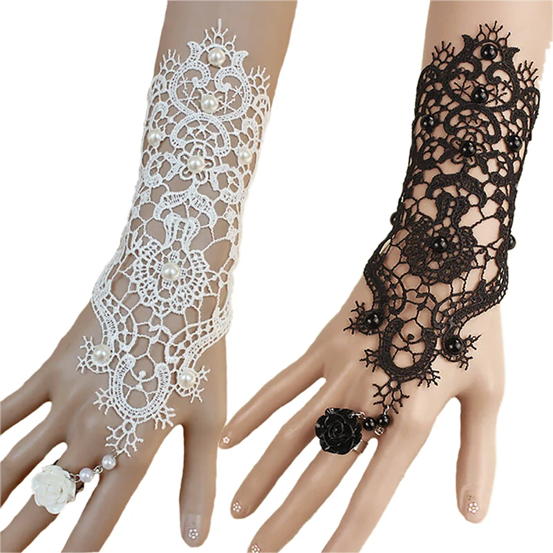NEW 1pc Women Rose Beads Flower Lace Glove Goth Style Adjustable With Ring Long Bracelet Women Accessories