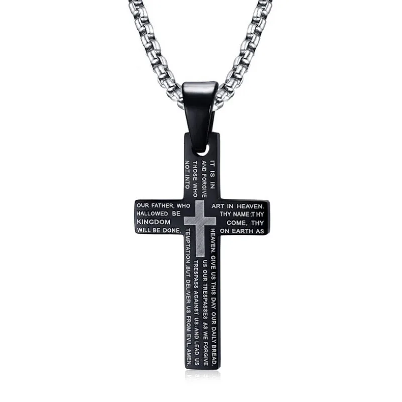 

Europe and the United States trend personality titanium steel cross alphabet pendant 3 colors laser English main prayer necklace