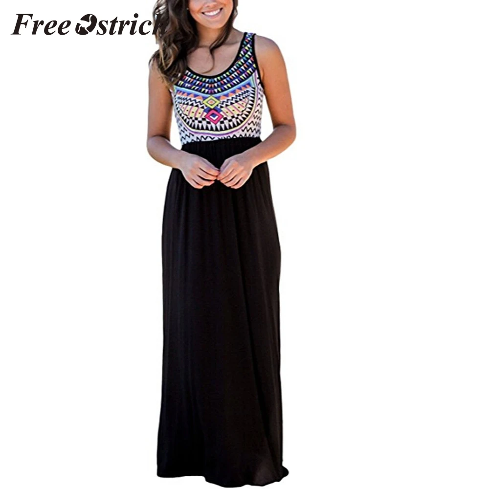 

Free Ostrich 2019 Women Print Dress Sleeveless Casual Summer Long Maxi Dress Vintage Bohemia Style Fashion Long Dress Hot Sales
