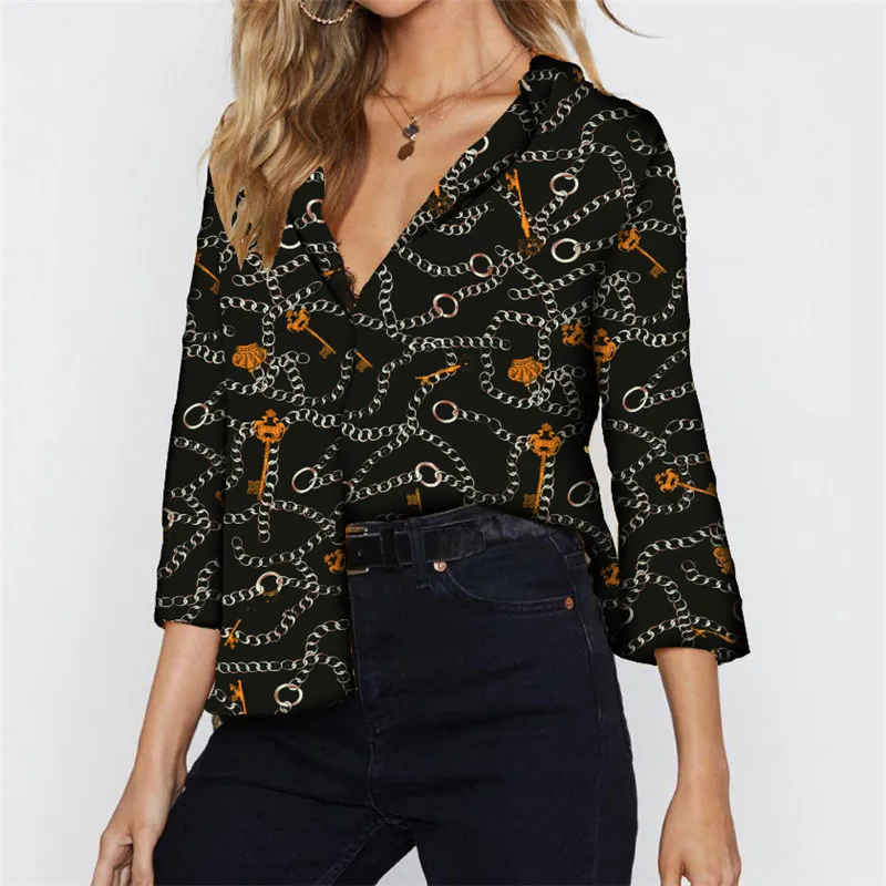 

2019 Summer Women Blouses Chain Print Vintage Chiffon Blouse Turn-Down Collar Office Blouse Plus Size Casual Loose Tops Blusas