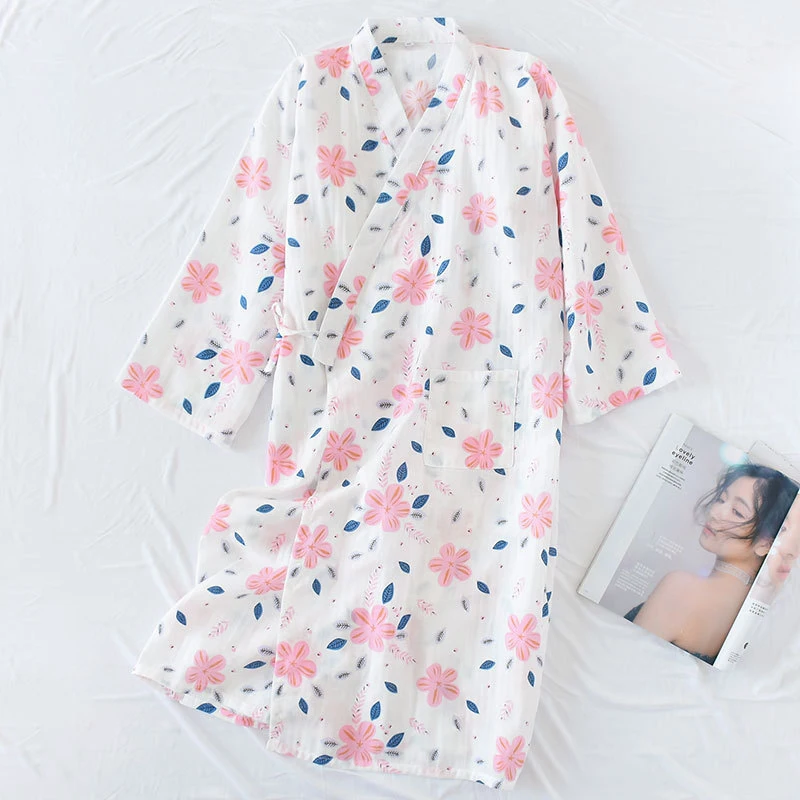 Женская Повседневная юката, Летний хлопковый Халат, одежда для сна, японское кимоно, банный халат, милые пижамы, ночная рубашка с принтом, домашняя одежда