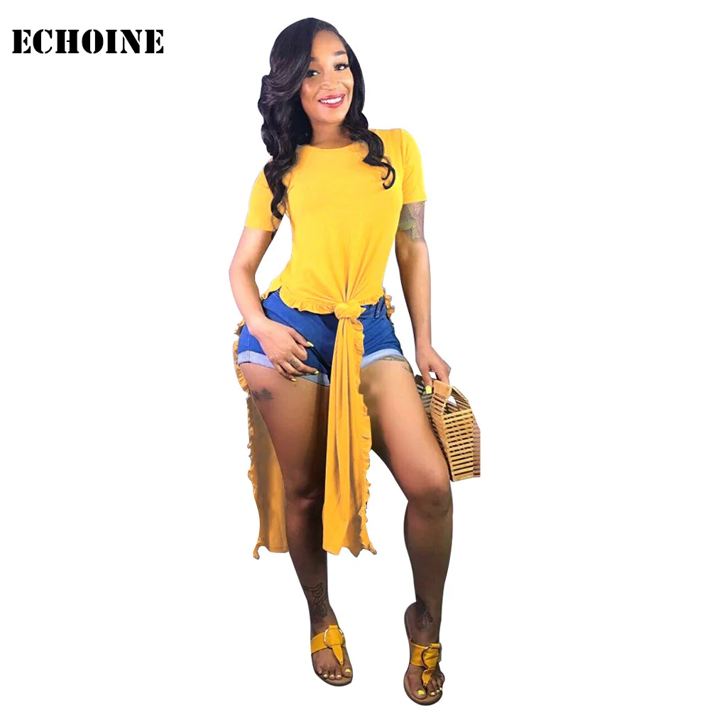 

Ruffle Split Long Tshirt Knitted O-neck Women Tee Shirt Short Sleeve Top Bodycon Slim Casual Top 2019 Summer T shirt