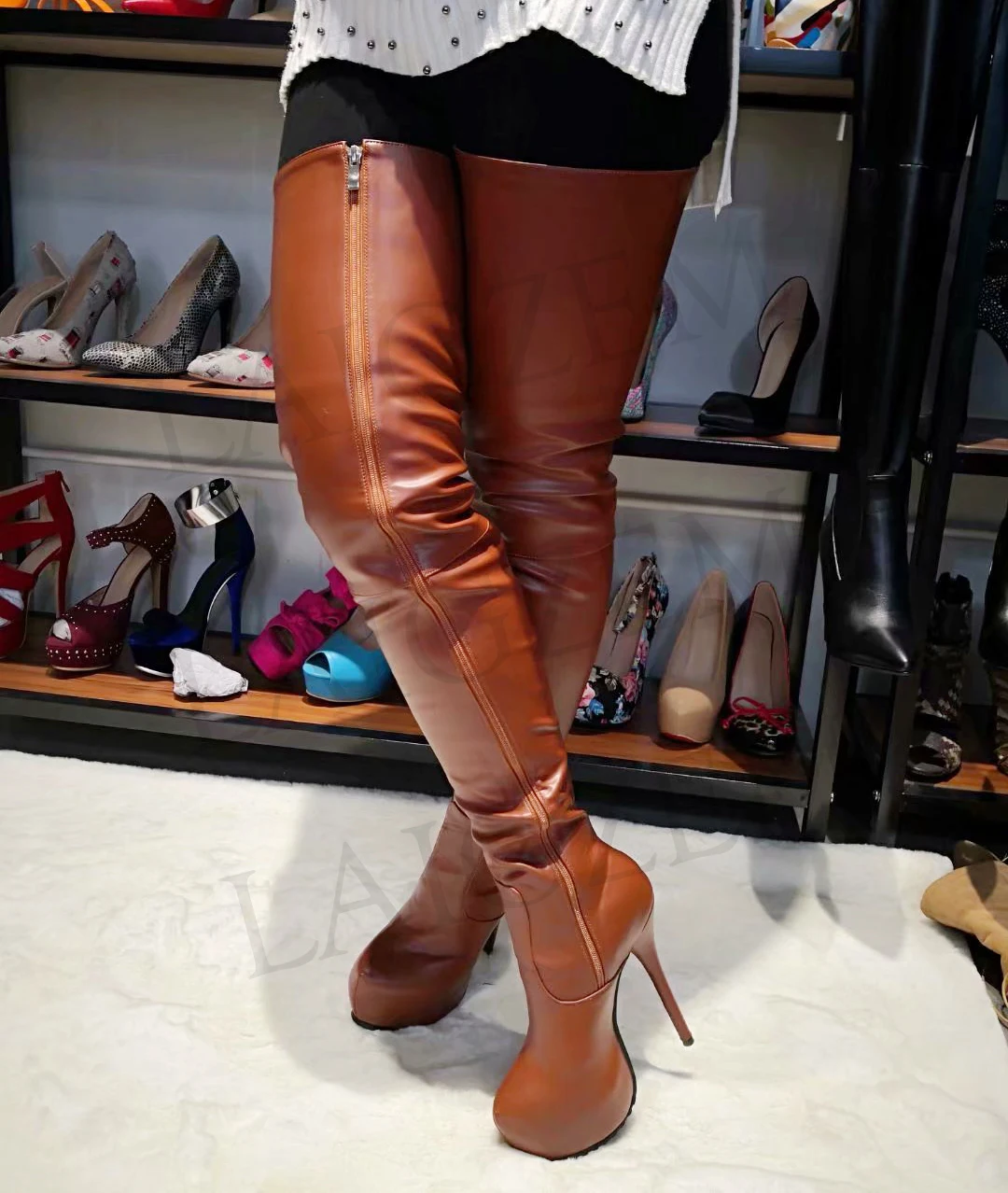 LAIGZEM FASHION Women Over-the-Knee Boots Platform High Heels Black Blue Brown Burgundy Long Boots Botines Mujer Big Size 4-19 (2)