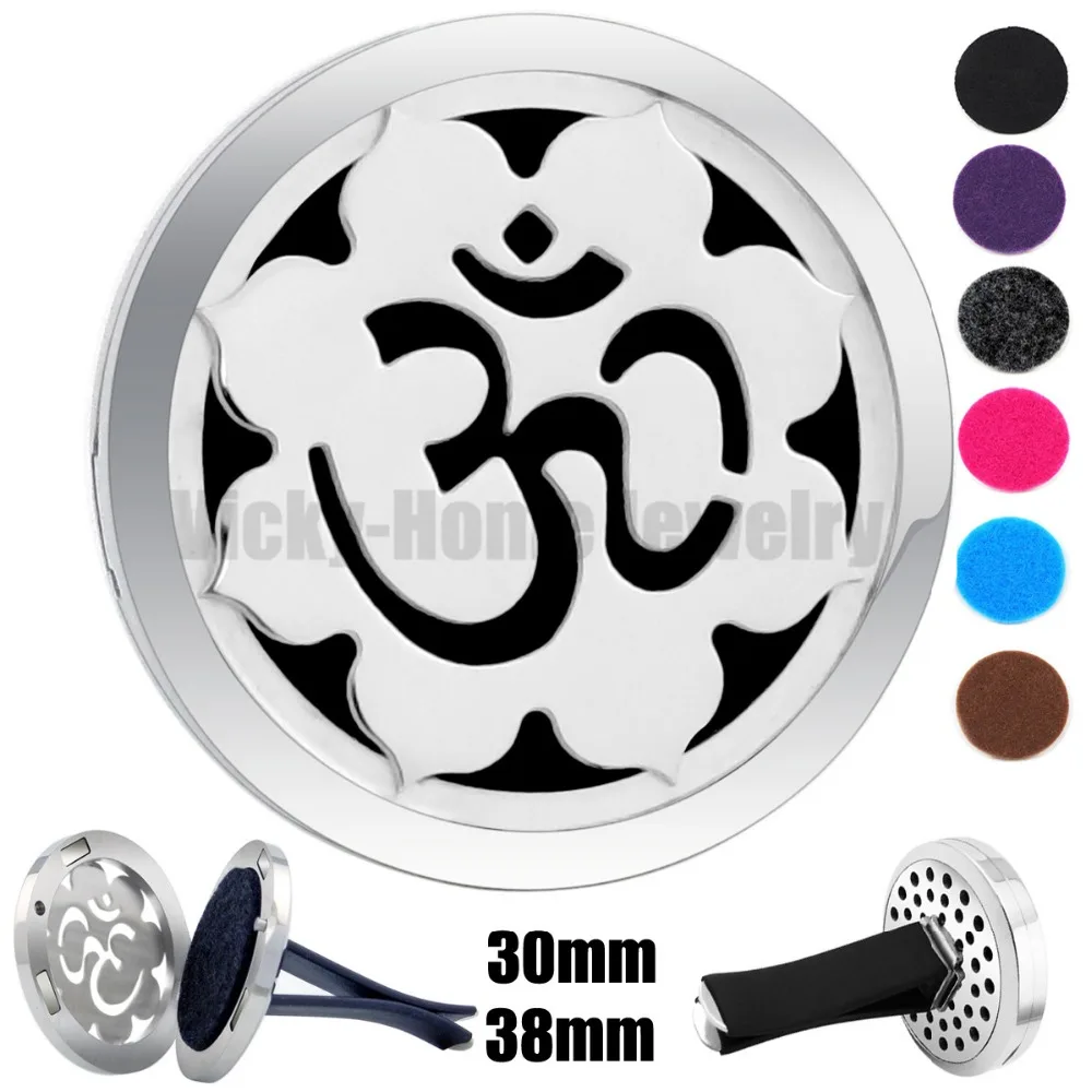 

30mm-38mm Silver Lotus and OM Magnet Diffuser 316 Stainless Steel Car Aroma Locket Free Pads Essential Oil Car Diffuser Lockets