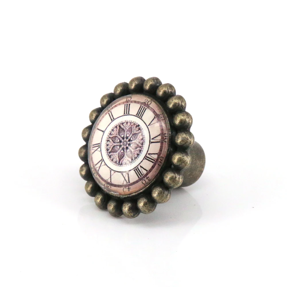 

4PCS Vintage Bronze Cabinet Drawer Round Pulls Wardrobe Cabinet Door Cupboard Knobs Handle Clock Plate Pattern