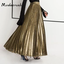 Modecrash Женская Блестящая плиссированная юбка трапециевидной формы Женская однотонная Эластичная Высокая Талия Длина по щиколотку средней длины длинная сверкающая юбка