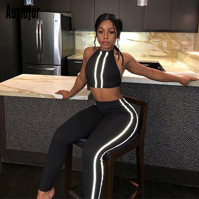 

Auyiufar Reflective Two Pieces Set Sleeveless Turtleneck Top Leggings Striped Patchwork 2019 Fashion 2 pcs Tracksuits Women