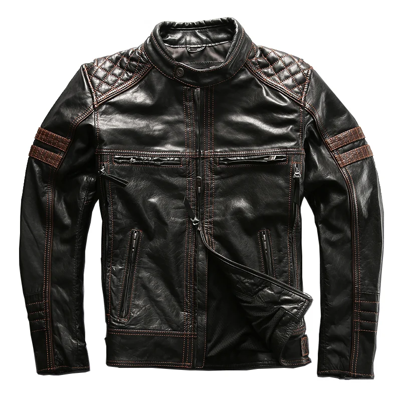 DHL Free Shipping Men Genuine Cow Leather Jacket New Professional Motorcycle Biker Jacket Top Quality Spring Autumn Coat - Цвет: Черный