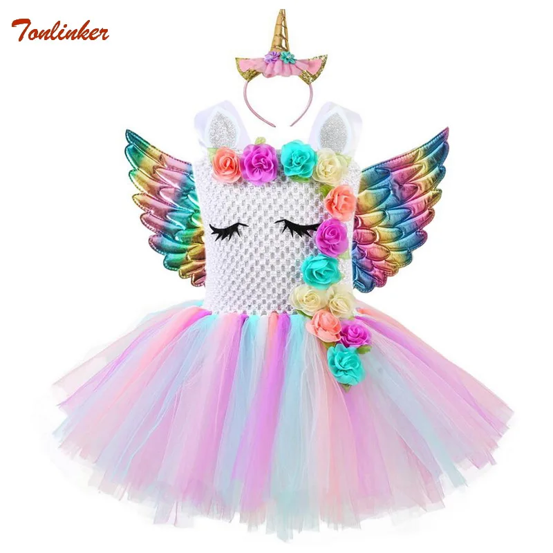 

2019 Girl Unicorn Dresses With Wings Headband For Girls Tutu Princess Party Dresses Flower Birthday Cosplay Halloween Costume