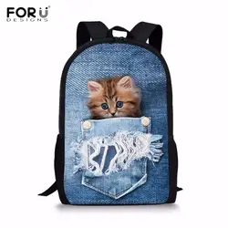 FORUDESIGNS/3D животного синие джинсы карман кошка/котенок печати дети школьные сумки большой мальчик девочка рюкзаки учащегося начальной