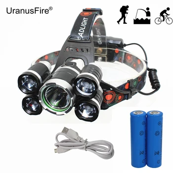 

Headlamp 5 LED Headlight T6/Q5 LED Lanterna USB Rechargeable Head Lamp Hunting Fishing Light + 18650 Battery + USB Charging Line