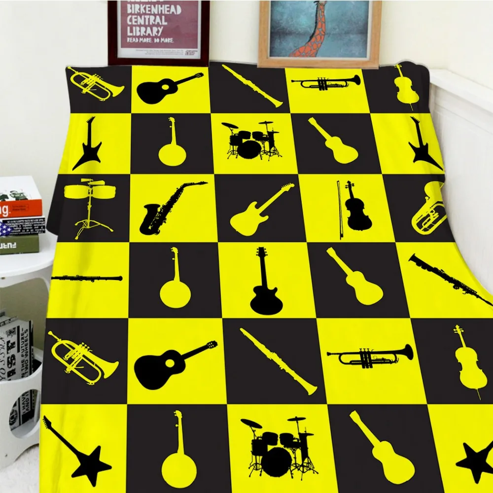 

Blankets Cobertor Warmth Soft Plush Music Decor Collage Of Music Guitar Drum Yellow Rock Jazz Cool Bed Throw Blanket Thick Plaid