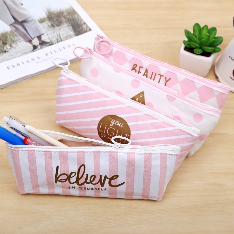 

Pink Kawaii Pencil Case Girls Canvas Pen Box for School Pen bag Cute Dot Stripe Pencilcase Korean Stationery School Supplies
