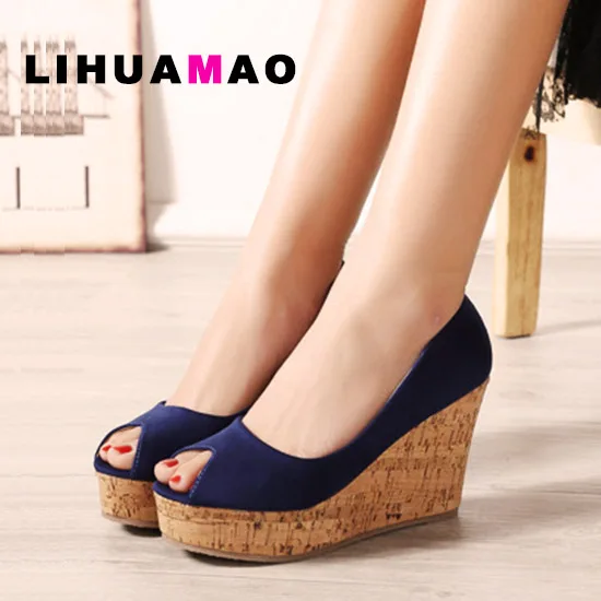 

LIHUAMAO Retro suede peep toe wedges sandals for women high heels shoes platform pumps office career wedding party shoes