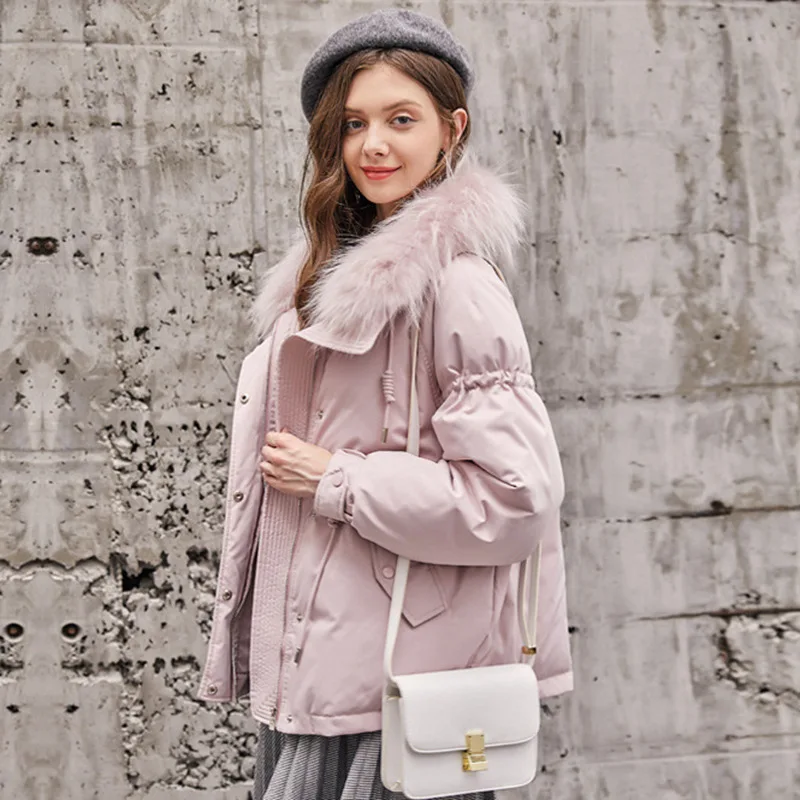 Winter Jacket Women Large Real Raccoon Fur Collar White