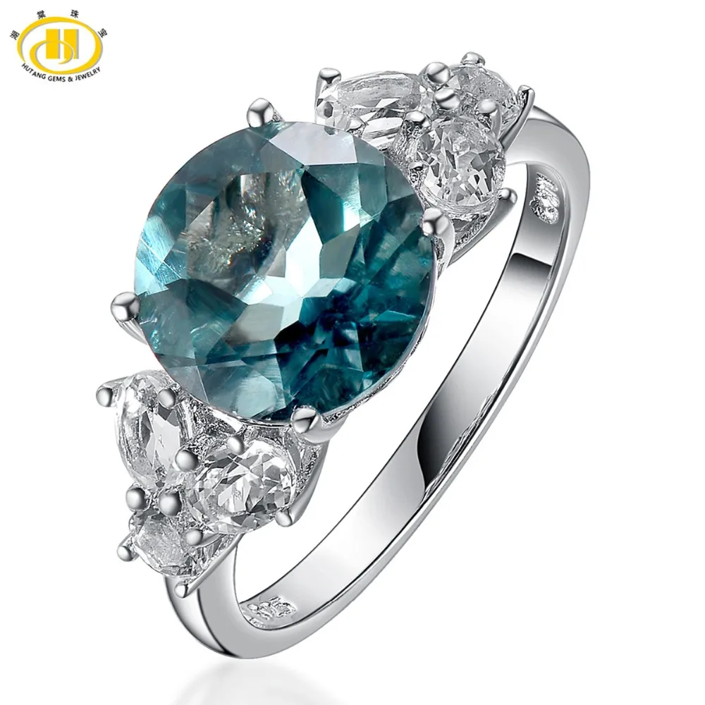 Hutang 925 Sterling-Silver-Jewelry Fine Women Rings Cocktail Wedding Big Natural Blue Fluorite & Topaz Diamond Jewellery Bague