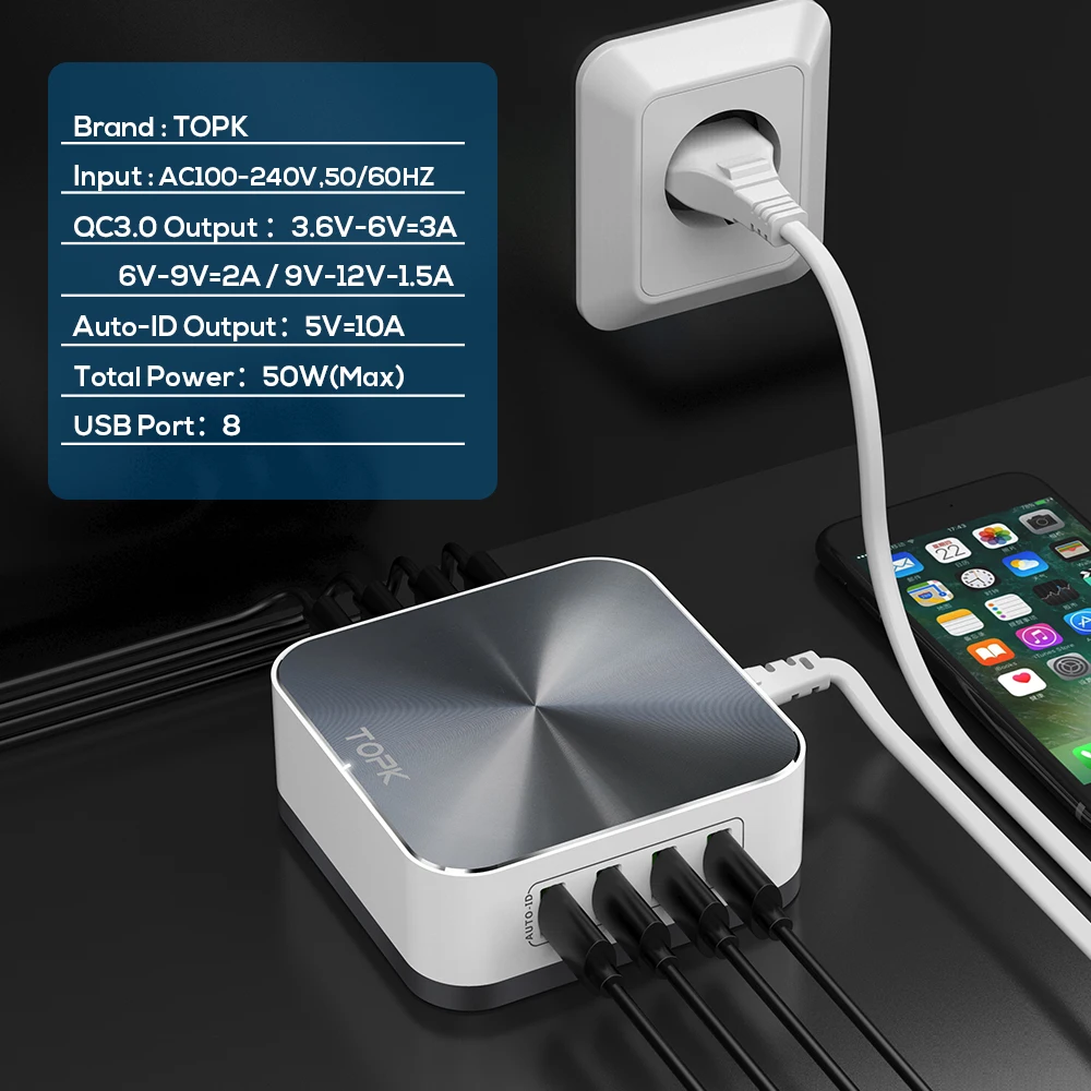 TOPK B829Q 8 Порты и разъёмы 50 Вт Quick Charge 3 0 USB Зарядное устройство для iPhone samsung Xiaomi huawei