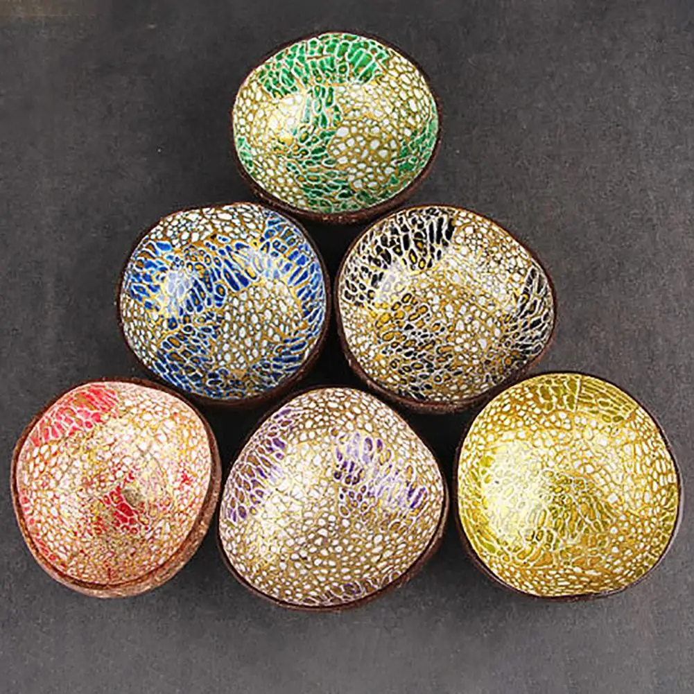 Natural Coconut Shell Bowl Dishes Handmade Paint Vintage Craft Decoration CF 