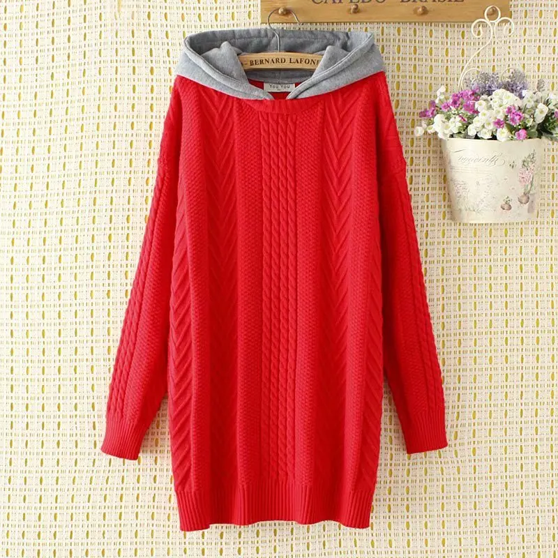 

Plus size Criss-Cross hooded pullovers women sweater 2018 casual ladies solid black & red loose knitted oversize sweater female