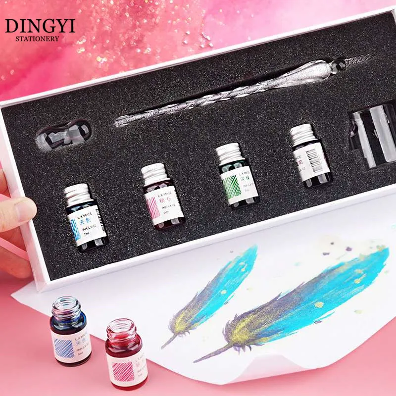 Vintage Crystal Glass Dip Pen Set Non-carbon Gold Ink Fountain Signature Calligraphy Pen Writing Tools Stationery Gift