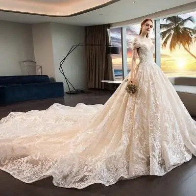 Mrs Win Новое Элегантное роскошное кружевное свадебное платье с вырезом лодочкой и вышивкой, свадебное платье принцессы благородного размера плюс F - Цвет: champagne 1.3m train