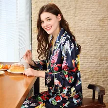 Новинка, весенний женский пижамный комплект из искусственного шелка, длинный рукав, длина по щиколотку, цветочный принт, отложной воротник, плюс размер, Женский пижамный комплект