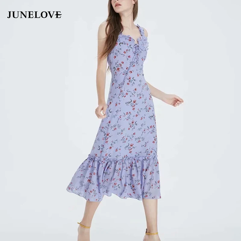 

JuneLove Women Summer Ruffles Drawstring Long Dress Vintage Print Floral Female Chiffon Dress Casual Holiday Lady Beach Dress