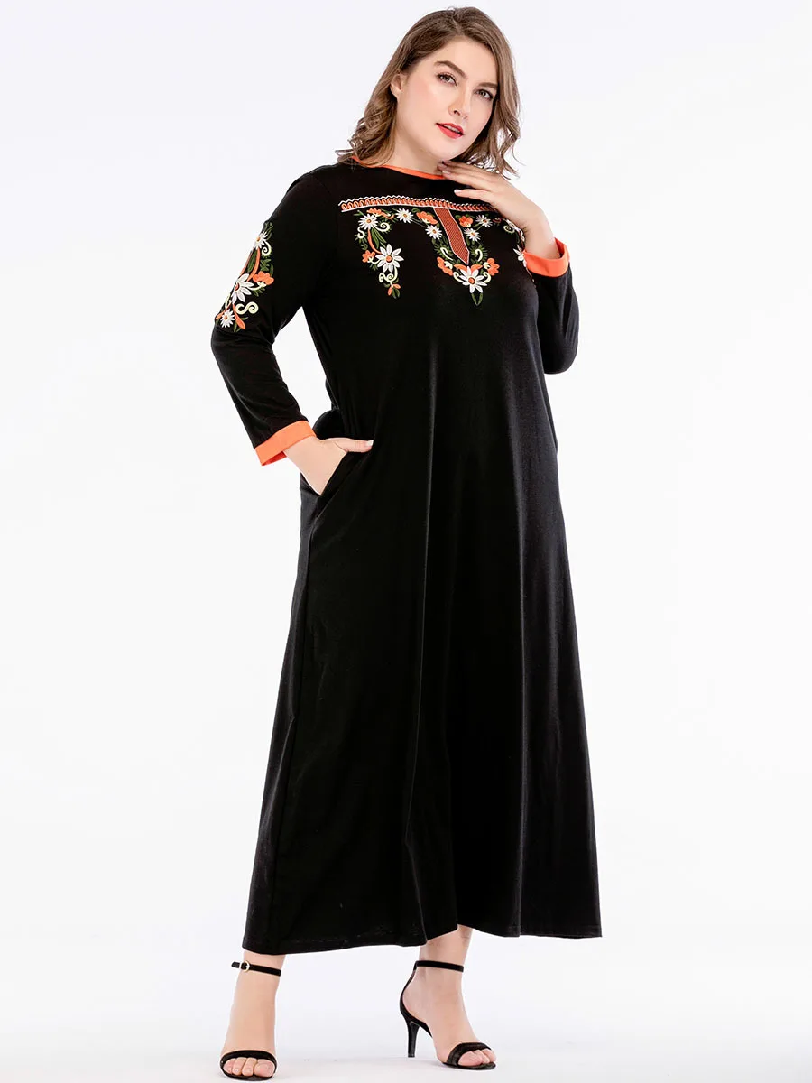 185716 большой Размеры Для женщин платья Ближний Восток мусульманский Рамадан Euramerica Стиль Круглый Вышивка этнические платья Musulman Vestidos