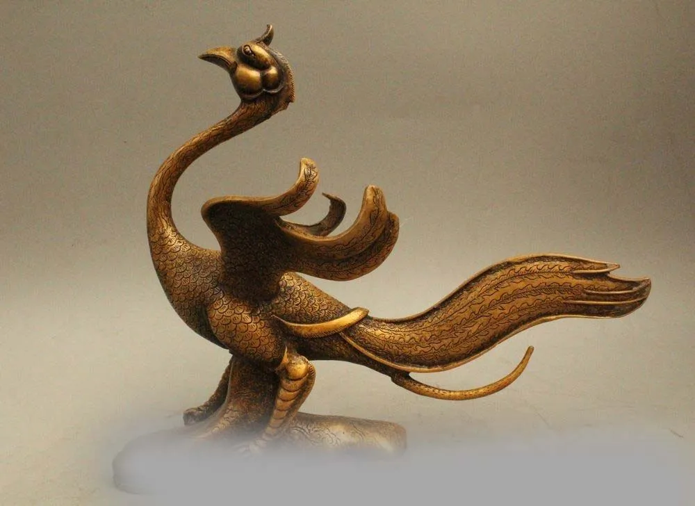 

10" Chinese Bronze Fengshui Fly Phoenix Juno Wonder Bird fung-hwang Statue