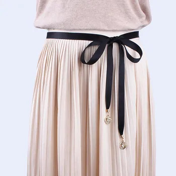 

new fashion women thin fabric belt ribbon stain rope gridle bowknot chain for dresses jeans waistband belts black