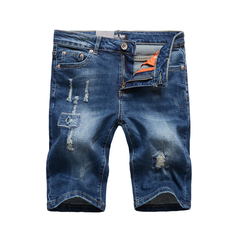 

Summer Streetwear Men Short Jeans Blue Color Elastic Cotton Denim Shorts homme Fashion Ripped Jeans Hip Hop Destroyed Shorts Men