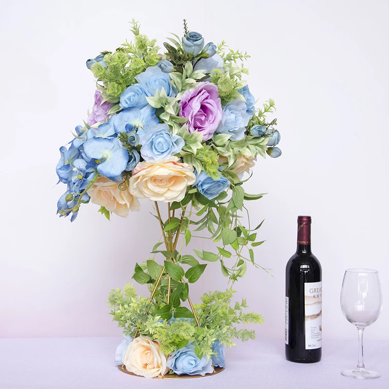 40 см искусственная Цветочная Орхидея стол цветок шар центральный+ подсвечник свадебный фон Декор цветочный букет с цветочной подставкой - Цвет: Синий
