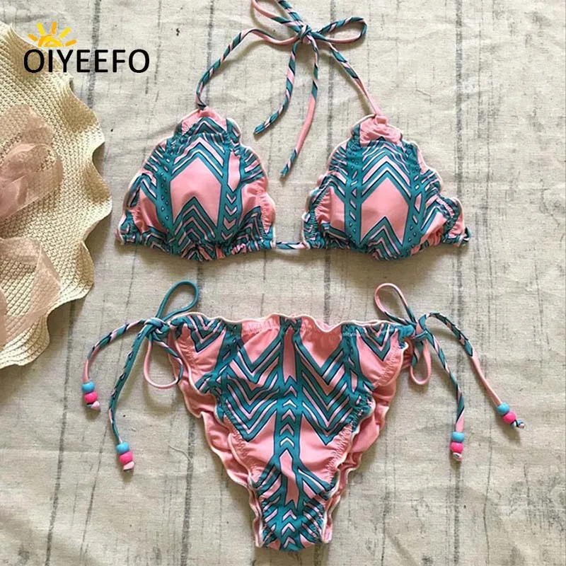 Oiyeefo Print Halter Bikini Set 2018 Women Swimwear Female Frilly Two
