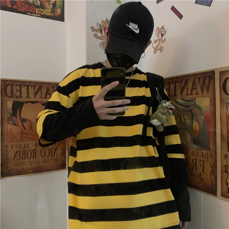

Lychee Harajuku Patchwork Long Sleeve Women T-shirts Stripe Fake 2 Pieces Autumn Women T Shirts Loose Color Block Lady T-shirt