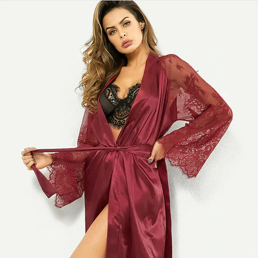 Сексуальная кружевная ночная рубашка женский халат длинная пижама одежда для сна для женщин однотонные халаты - Цвет: Красный