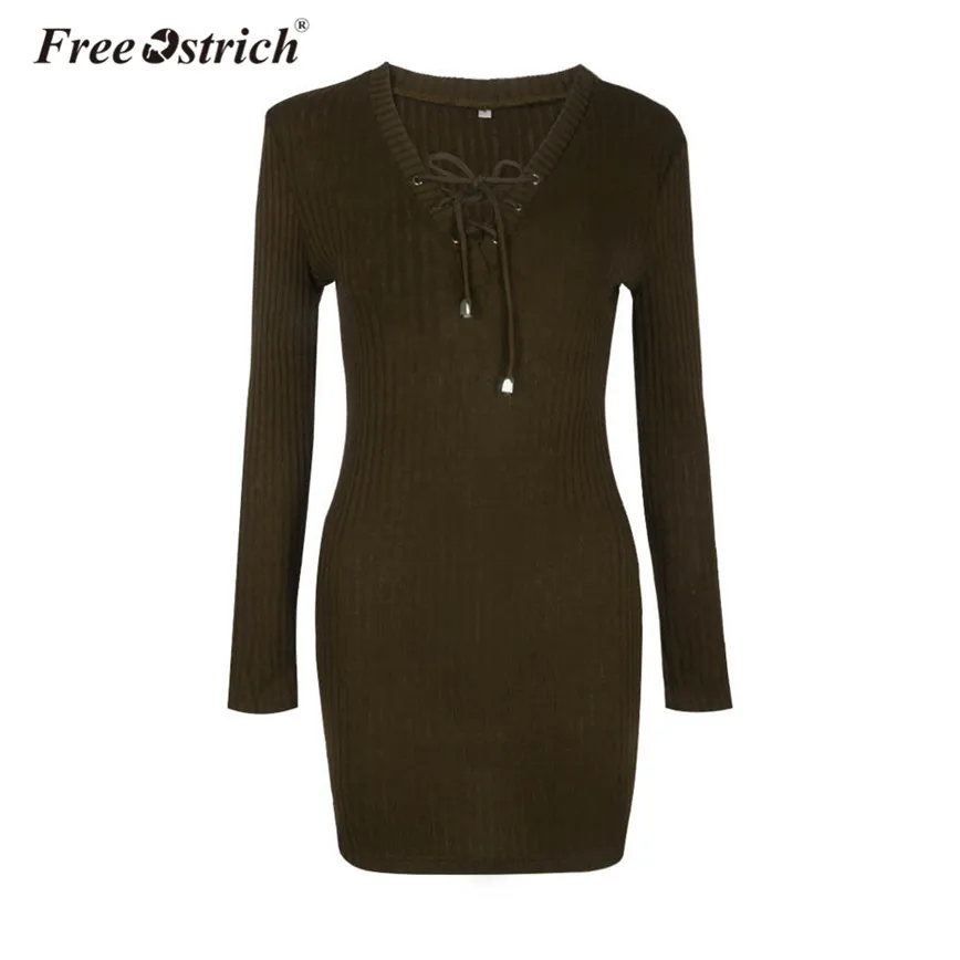 

Free Ostrich Dress Women Winter Knitted Sheath Lace Up V-Neck Casual Long Sleeve Solid Elegant Mini Dress vestidos mujer S25
