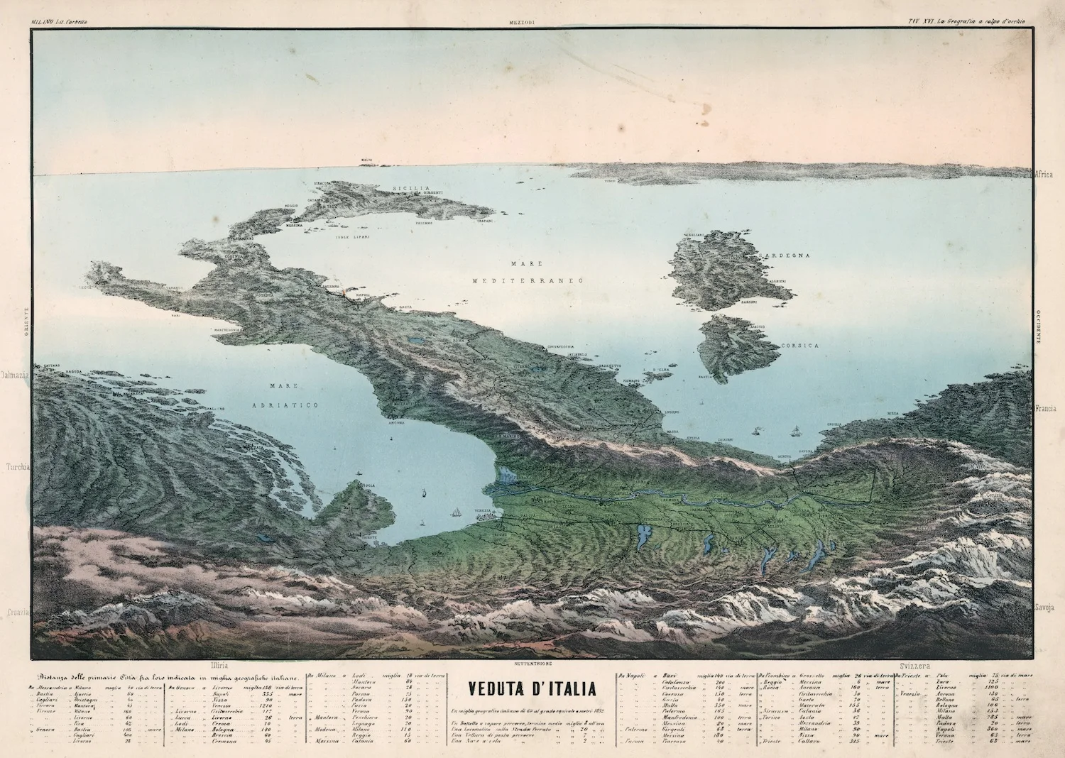 Винтажный постер с картой мира Veduta de Italia (1853) итальянские классические картины на