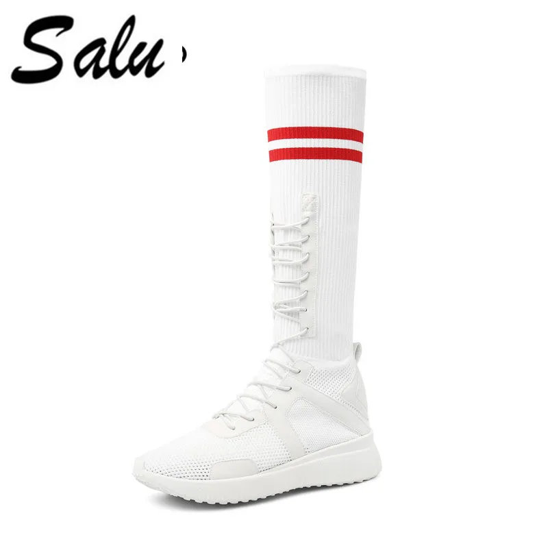 

Salu 2018 new Women Platform Thick High Knee High Boots Fashion Lace Up Winter Fighting Genuine leather Boots