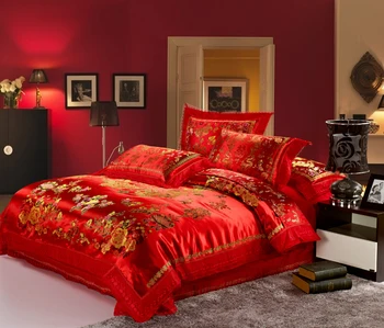 

Chinese wedding red pink satin silk bedding set king queen size bedspread duvet cover bed in a bag bedsets sheet bedroom quilt