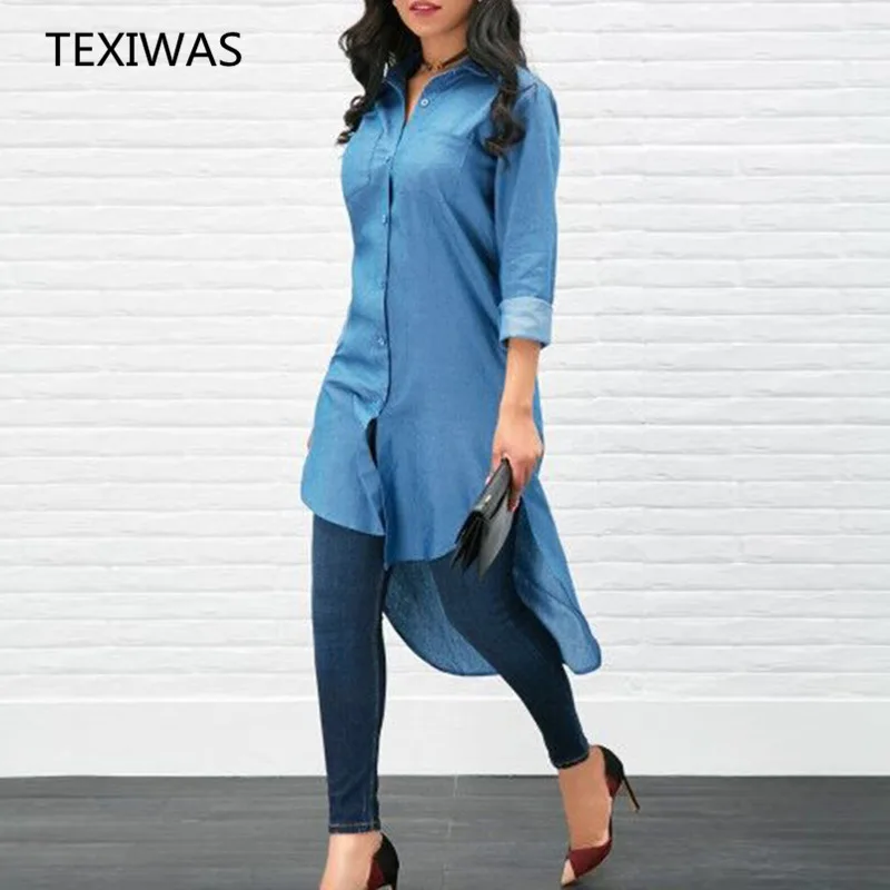 

TEXIWAS Spring long OL Dress Women Cowboy Casual Loose Button Shirt Dress Autumn irregular Denim Long Top party dress Vestidos