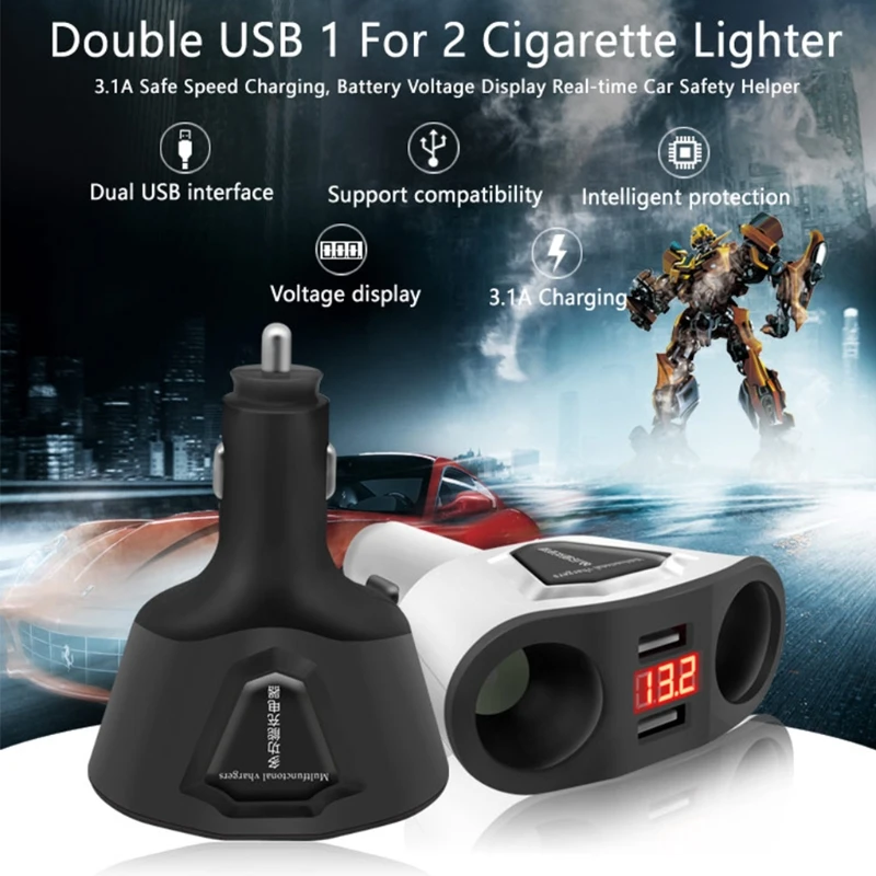

3.1A Dual USB Car Charger with 2 Cigarette Lighter Sockets 120W Power Support Display Current Volmeter for Phone Car Accessories