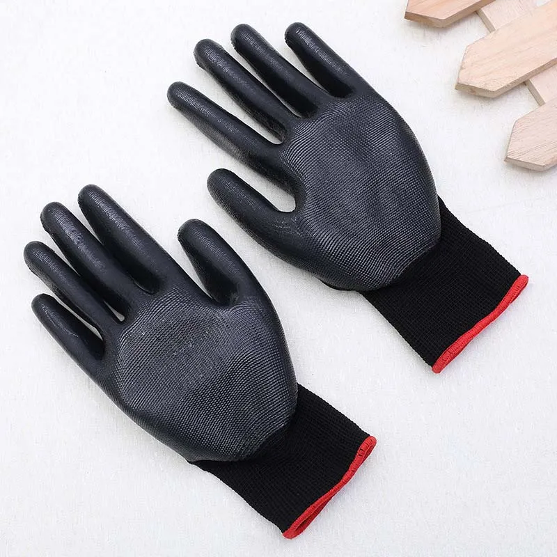 1 пара рабочих перчаток маслостойкие нейлоновые нитриловые защитные нитриловые перчатки рабочая одежда стойкий рисунок, принт, чистка труда - Цвет: Black