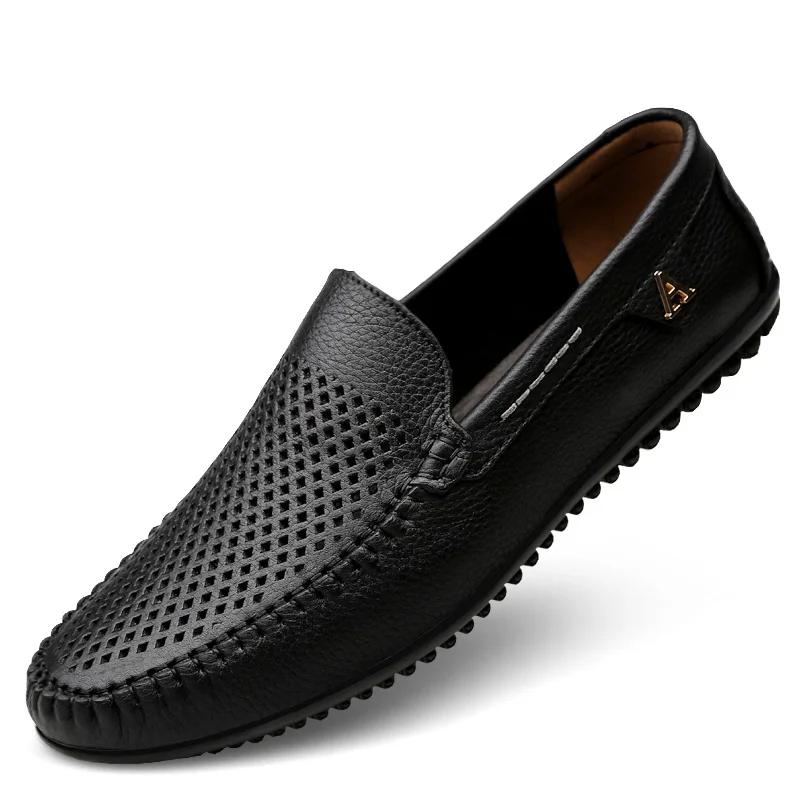 Мужская повседневная обувь; высококачественные кожаные лоферы; удобная мужская обувь без застежки; мужские кроссовки для вождения на плоской подошве размера плюс; цвет коричневый, черный - Цвет: Black Hole