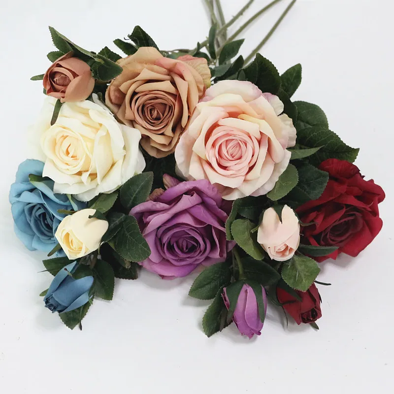 Flone 2 Heads Artificial Rose Silk Flower Fake Leaf Long Rose Buds Artificial Flowers Bouquet Home Wedding Party Decor Gift (18)