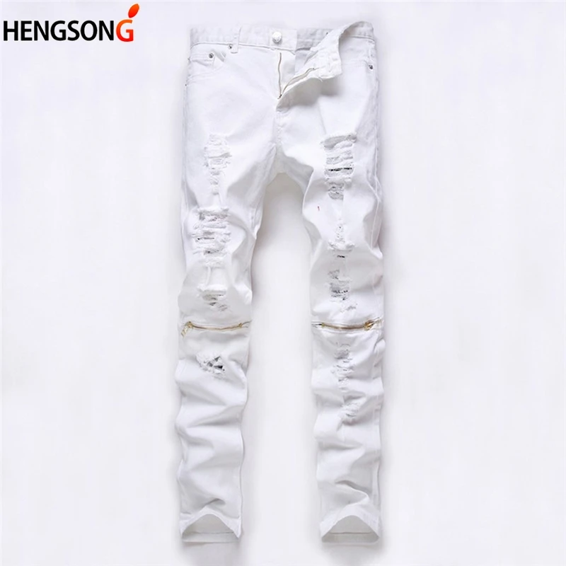 

New men multi zippers broken hole ripped pants mens joggers skinny pants casual trousers pantalon red white black