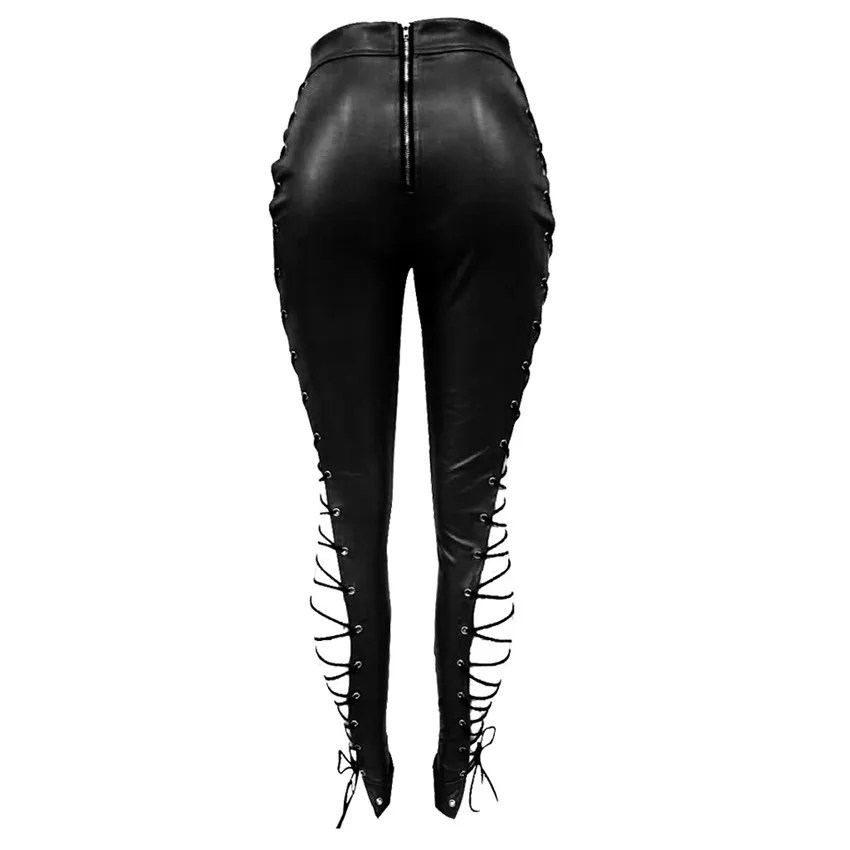 Tsuretobe выдалбливают на шнуровке сексуальные брюки карандаш для женщин высокая Талия бинты Леггинсы Клубные вечерние PU искусственная кожа брюки для женщин