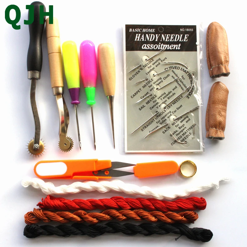 

14 pieces/sets of leather crafts handmade sewing tools thimble scissors leather needle taper shank Leather repair kit