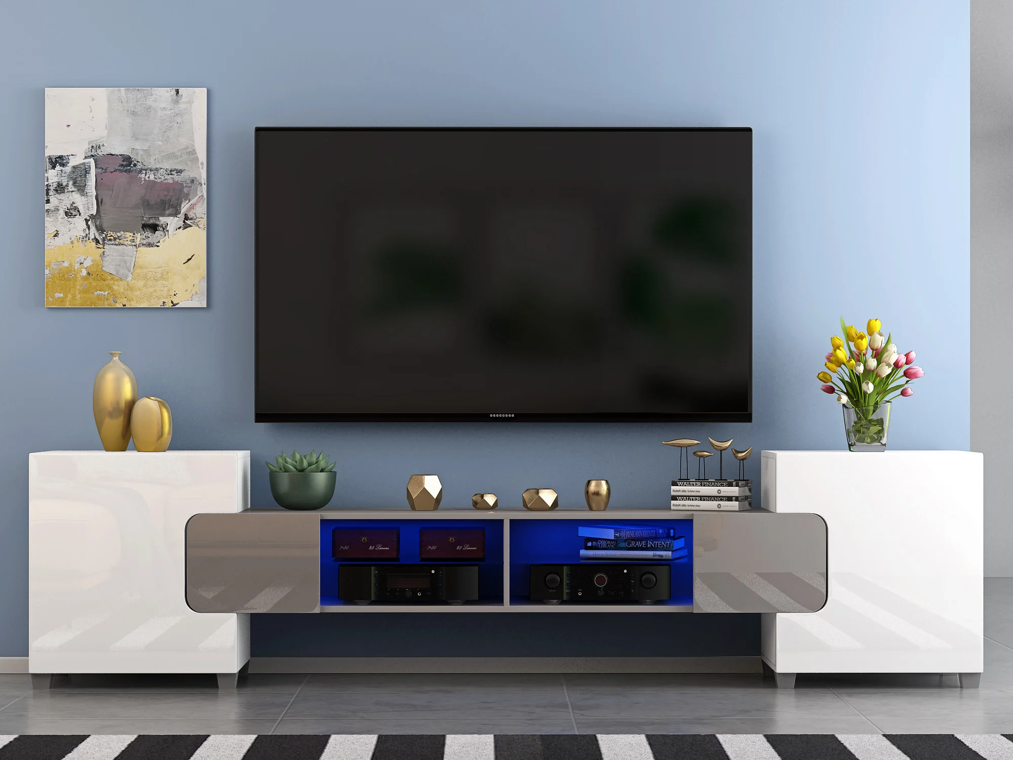 White Modern Large 230cm Tv Unit Stand Cabinet Gloss Matt White Black Grey Led Lights