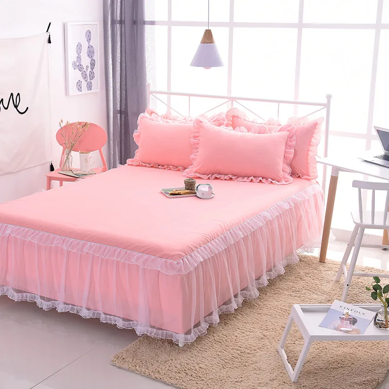 Pink Bed Skirt Set Bedspread with Pillowcases Lace Bed Skirt with