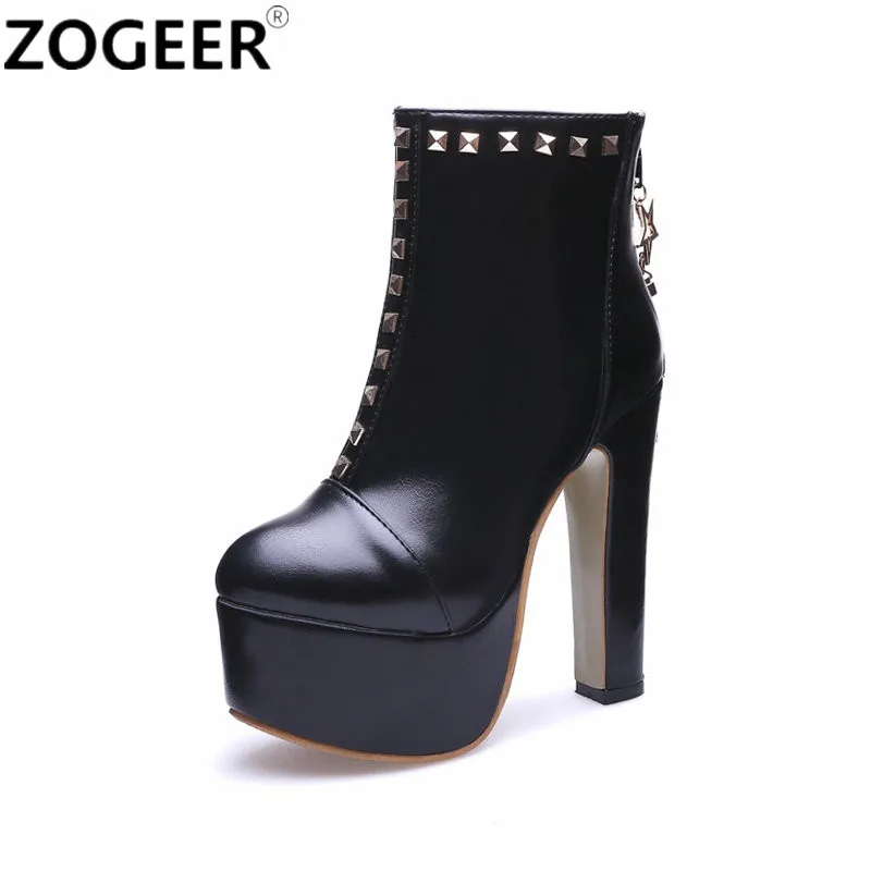 

Brand 2018 Ankle Boots For Women Fashion Sexy Rivets Round Toe High Heels Motorcycle Boots PU leather Black White Ladies Shoes